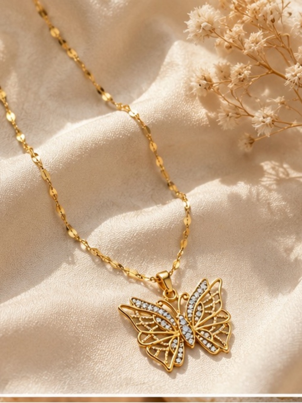 Butterfly Crystal Pendant Necklace – Gold Tone